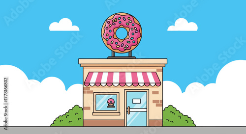 Colorful donut shop illustration with pink frosted donut sign, striped awning, and blue sky background. Perfect for bakery, dessert, or cafe branding design.