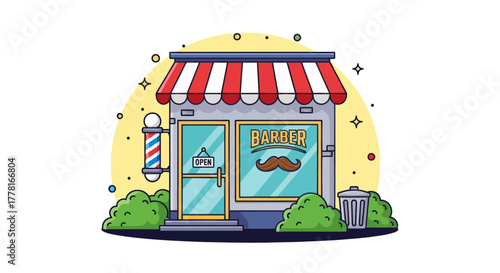 Colorful barbershop illustration with red and white awning, mustache logo, and classic barber pole. Perfect for salon, haircut, grooming, or small business design concepts.
