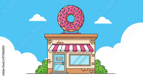 Colorful donut shop illustration with pink frosted donut sign, striped awning, and blue sky background. Perfect for bakery, dessert, or cafe branding design.