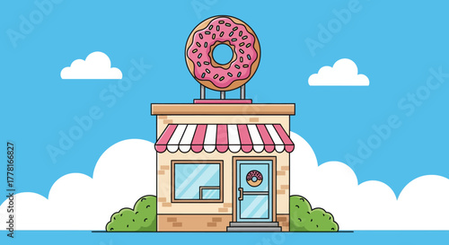 Colorful donut shop illustration with pink frosted donut sign, striped awning, and blue sky background. Perfect for bakery, dessert, or cafe branding design.