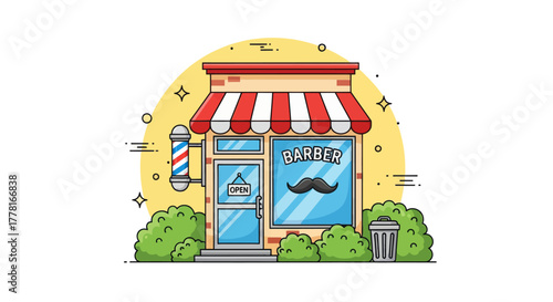Colorful barbershop illustration with red and white awning, mustache logo, and classic barber pole. Perfect for salon, haircut, grooming, or small business design concepts.