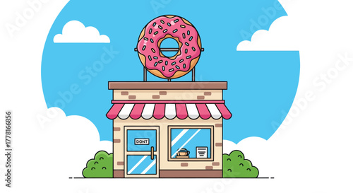 Colorful donut shop illustration with pink frosted donut sign, striped awning, and blue sky background. Perfect for bakery, dessert, or cafe branding design.