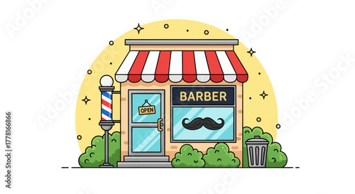 Colorful barbershop illustration with red and white awning, mustache logo, and classic barber pole. Perfect for salon, haircut, grooming, or small business design concepts.