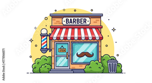 Colorful barbershop illustration with red and white awning, mustache logo, and classic barber pole. Perfect for salon, haircut, grooming, or small business design concepts.