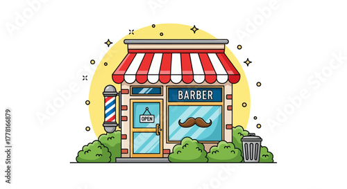 Colorful barbershop illustration with red and white awning, mustache logo, and classic barber pole. Perfect for salon, haircut, grooming, or small business design concepts.