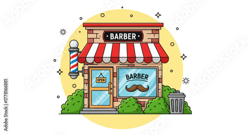 Colorful barbershop illustration with red and white awning, mustache logo, and classic barber pole. Perfect for salon, haircut, grooming, or small business design concepts.