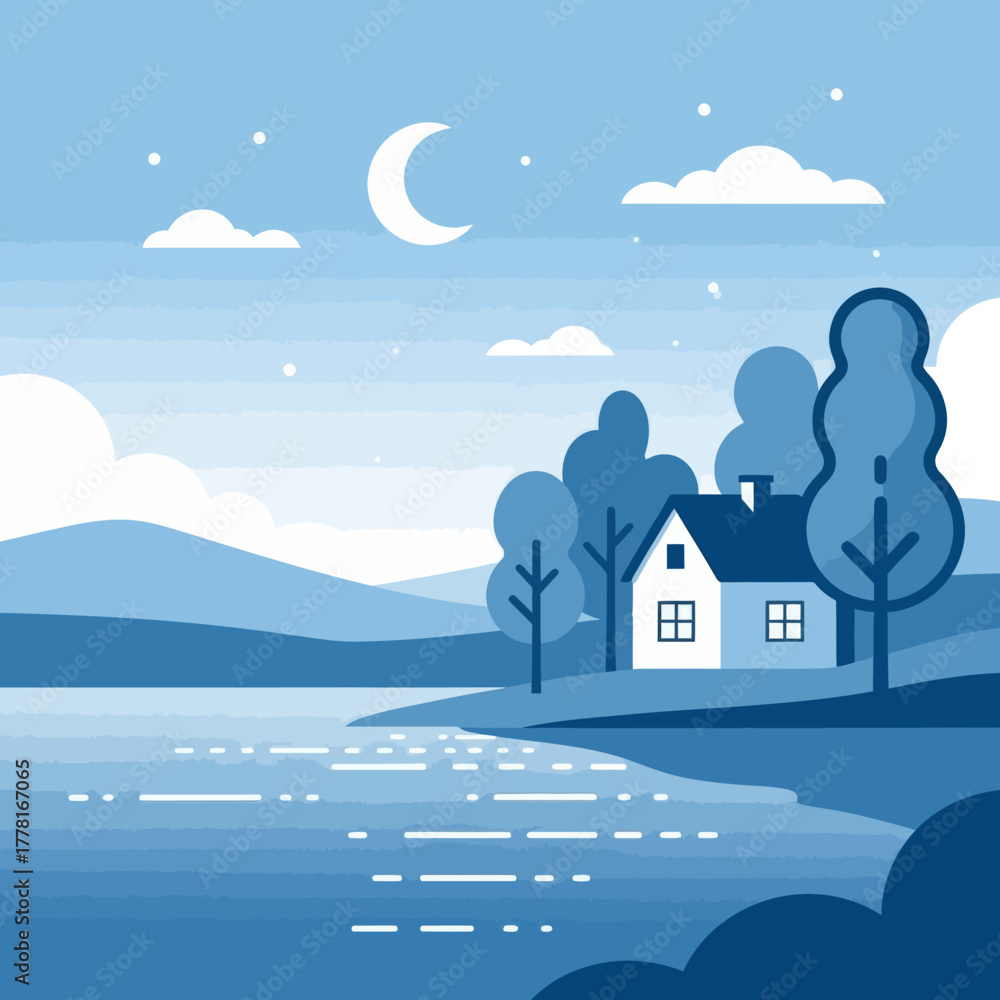 Fototapeta premium Scenic lake landscape illustration with house, trees, and crescent moon at night. Peaceful nature scenery in minimalist flat design style for calm and relaxation themes.