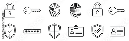 Security and Access Control Line Icon Set. Padlock, Biometric Fingerprint, Password, Shield Protection, and User ID Card Vector Outline Symbols.