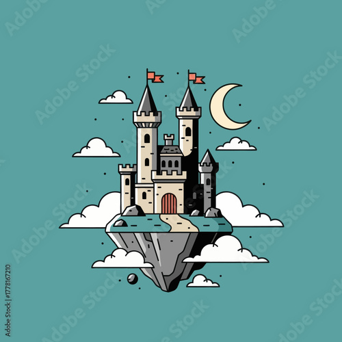Fantasy castle on floating island with moon and clouds. Magical vector illustration perfect for fairytale, dreamland, and adventure design concepts.