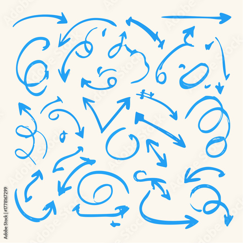 Blue pen arrow collection on checkered paper sheet. Hand drawn crayon various arrows, curved, wavy and straight lines. Direction pointers for notes, doodle and school design. Playful emphasis elements