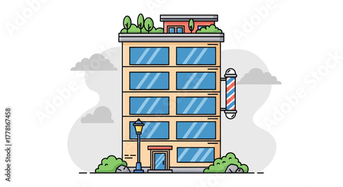 Modern barbershop building illustration with large glass windows, rooftop greenery, and classic barber pole. Flat vector design perfect for urban, architecture, or business concepts.