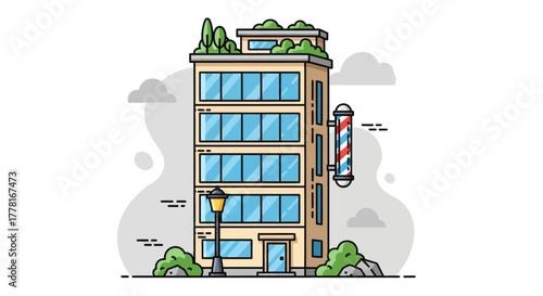 Modern barbershop building illustration with large glass windows, rooftop greenery, and classic barber pole. Flat vector design perfect for urban, architecture, or business concepts.