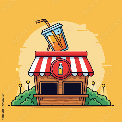 Vector illustration of a small drink shop with a striped red and white awning and a large iced tea cup on the roof. Concept of beverage kiosk, street food, summer refreshment, and cafe business.