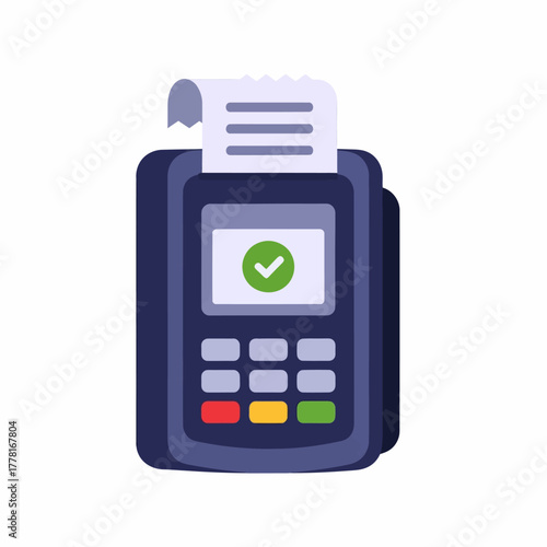 Modern POS terminal illustration with payment receipt and green check mark, symbolizing successful card transaction. Ideal for finance, banking, retail, and digital payment concepts.