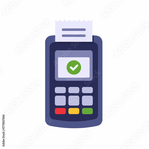 Modern POS terminal illustration with payment receipt and green check mark, symbolizing successful card transaction. Ideal for finance, banking, retail, and digital payment concepts.