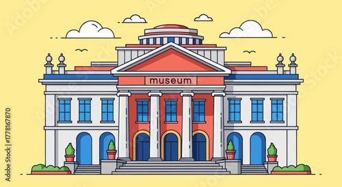 Flat vector illustration of a museum building with classical architecture, columns, and dome on yellow background. Perfect for education, culture, tourism, and history design projects.