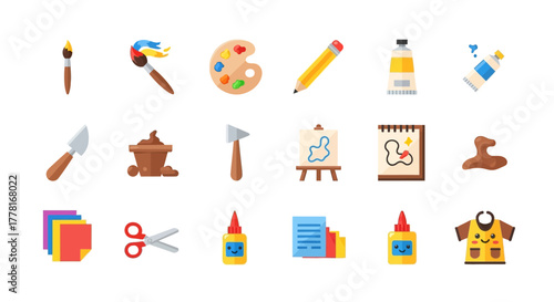 Icons depict art supplies including brushes paint paper glue  tools against a white background