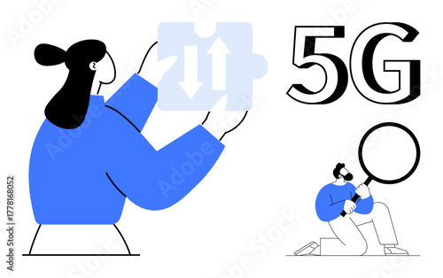 Woman holding puzzle piece with arrows, man examining details with magnifying glass, bold 5G text. Ideal for innovation, network, connectivity, technology study, problem-solving, analysis simple