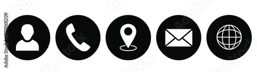 Contact Us Communication Icon Set. User Profile, Phone Call, Location Pin, Email Message, and Global Internet Connection Vector Solid Icons.