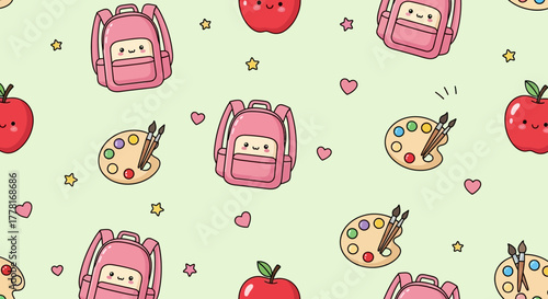 Kawaii pattern backpacks apples paint palettes stars hearts on light green