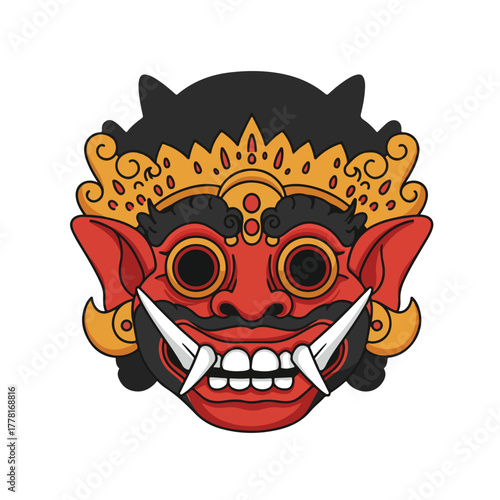 Balinese mask rangda depicting a fierce female demon from bali. Ideal for cultural, travel, mystical, and exotic themed designs.
