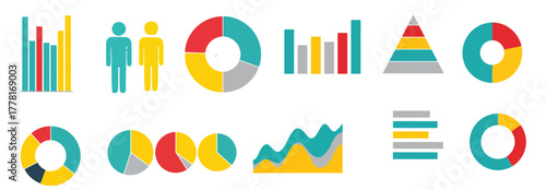 Data Visualization and Infographic Chart Set. Bar Graph, Pie Chart, Population Figures, and Financial Statistics Vector Flat Icons.
