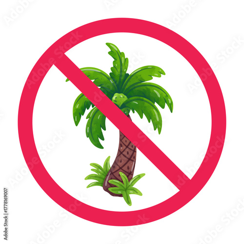 No palm tree sign, forbidden sign with palm tree icon, palm tree prohibited symbol, vector illustration