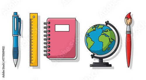 School supplies arranged left to right pen ruler notebook globe and paintbrush