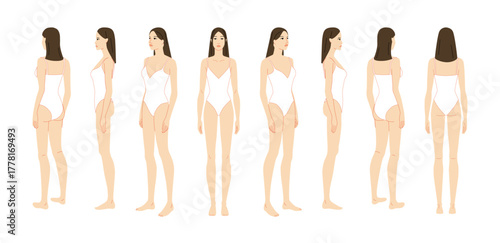 Vector illustration of a 9 head woman in white swimsuit, displaying multiple angles including front, side, and back. Perfect for fashion sketches, anatomy reference, and style design.