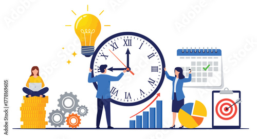 Time Management and Business Productivity Concept. People Planning Tasks, Optimizing Work Flow, Reaching Goals, and Saving Time Vector Flat Illustration.