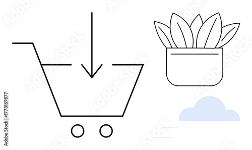 Shopping cart with down arrow, potted plant, and minimalistic cloud design. Ideal for sustainability, eco-shopping, e-commerce, environmental responsibility, gardening, digital shopping and green
