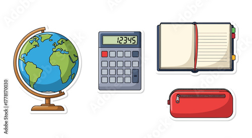School supplies globe calculator displaying 12345 open notebook red pencil case all with sticker outline
