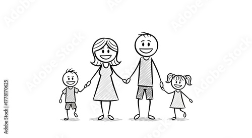 Happy Stick Figure Family Holding Hands Together Illustration.