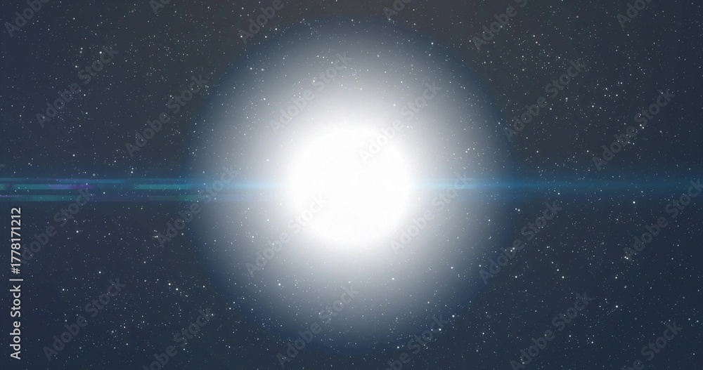 Fototapeta premium Radiating intense white light, central star glowing in deep space, with horizontal blue lens flare