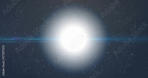 Radiating intense white light, central star glowing in deep space, with horizontal blue lens flare