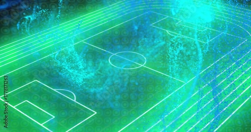 Rendering soccer field glowing pitch markings in tech space with particle streams, dot grid overlay