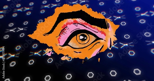 Floating large stylized eye over deep blue network field, linking lines and glowing hexagonal nodes