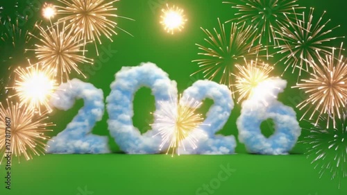 Cloudy twenty twenty six with fireworks on a green background for new year celebration concept video