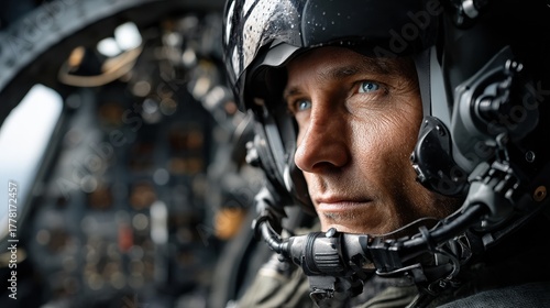 Focused pilot in helmet inside aircraft cockpit with determined expression and advanced gear