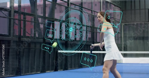 upon yellow ball entering tennis athlete volleying on court with AI tech interface guiding training