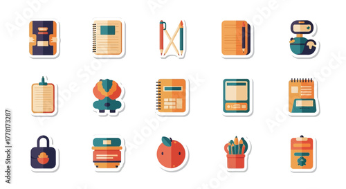 Stickers notebooks pens robot fruit pencil holder stack of books clipboard