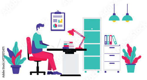 work, working, office, workplace, employee, professional, man, male, person, desk, table, chair, laptop, computer, project, business, corporate, finance, analysis, strategy, report, planning, administ