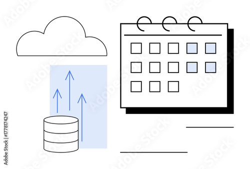 Cloud icon, database with upward arrows, and calendar represent cloud storage, data synchronization, and time management. Ideal for technology, productivity, planning, efficiency organizational