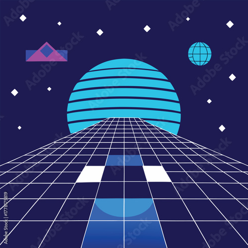 Retro-futuristic digital landscape with grid and planets