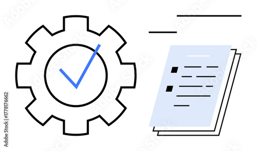 Gear with blue checkmark beside stack of documents with bullet points and lines, symbolizing process completion, quality assurance, and organized workflows. Ideal for productivity, management, task