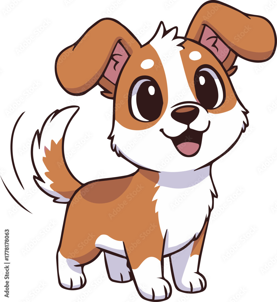 Obraz premium A cute flat cartoon vector illustration of an adorable puppy dog with brown and white fur, big eyes, and a cheerful smile.