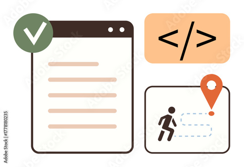 Browser window with list, code snippet, running figure with a location pin, and a validation checkmark. Ideal for development process, coding, navigation, task tracking, project management planning