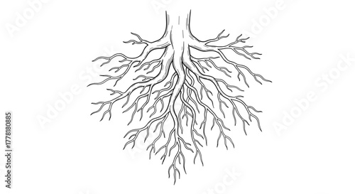 Detailed black and white illustration of a complex root system
