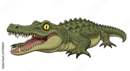 Cartoon Crocodile with Open Mouth Ready to Strike on White
