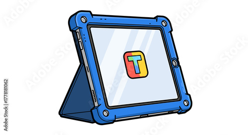 Blue Tablet with Colorful Logo on Display in Protected Case